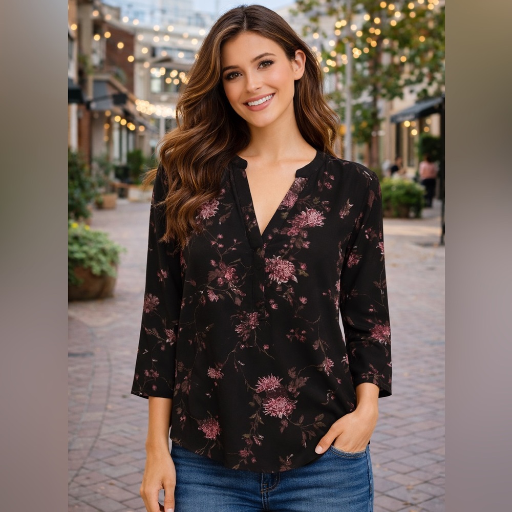 NEW Maurices Black and Pink 3/4 Sleeve Floral Blouse